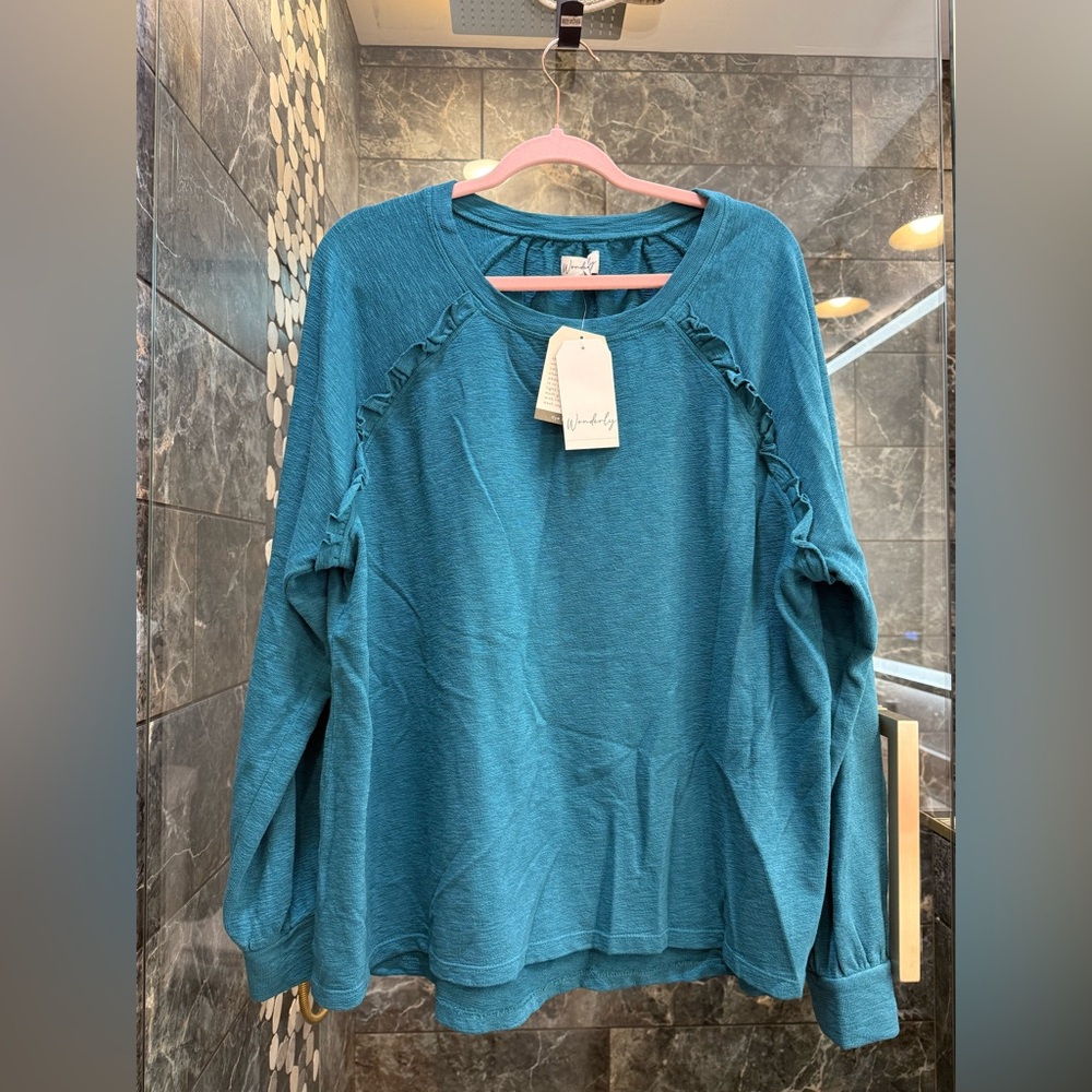 Wonderly Teal Ruffle Cotton Blouse